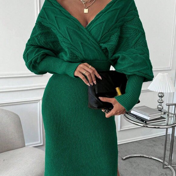 Green Elegant Women's Batwing Sleeve Split Hem Wrap Sweater Dress - Picture 6 of 7